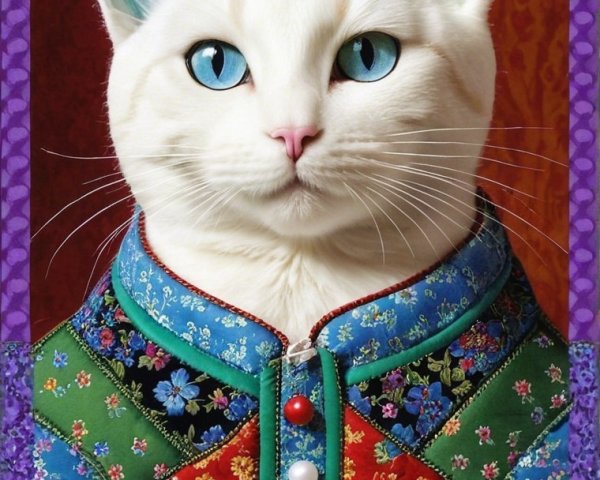Elegant White Cat in Floral Robe with Blue Accents