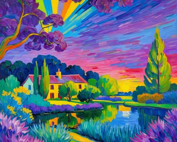 Vibrant Landscape with Tranquil Pond and Sunset Hues