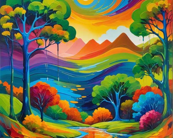 Vibrant Landscape with River and Lush Forest Scene