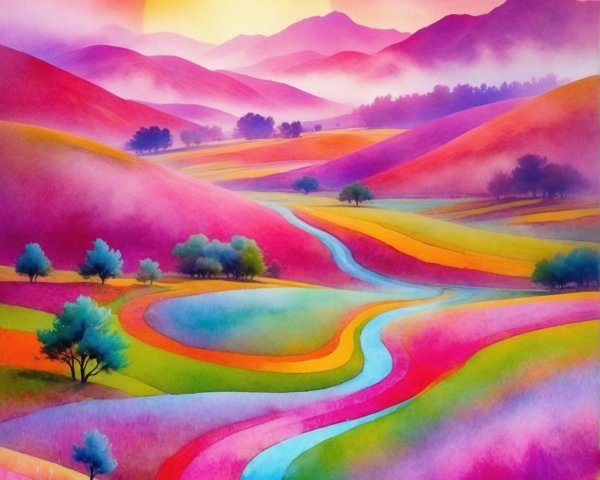 Vibrant Abstract Expressionist Landscape with Sunset