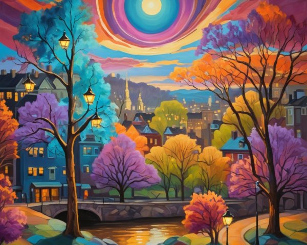 Surreal Landscape with Colorful Sunset and Charming Town