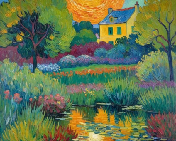 Vibrant Landscape Painting of a Serene Garden Scene