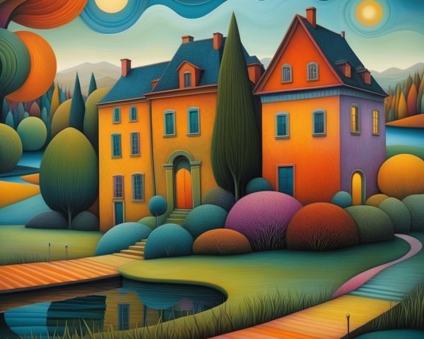 Whimsical Landscape with Colorful Houses and Pond