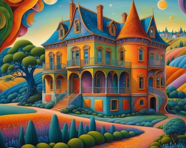 Whimsical Mansion with Bold Colors and Surreal Sky