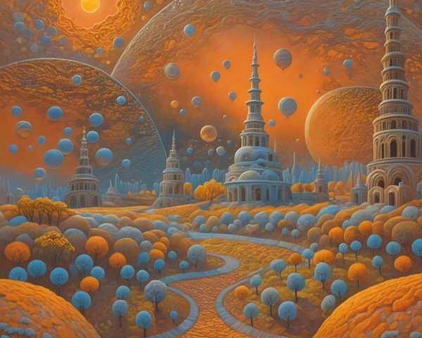 Surreal Landscape with Spires and Celestial Bodies
