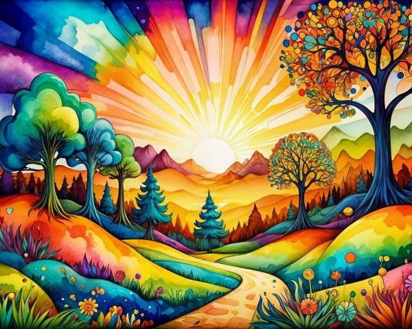 Vibrant Landscape with Colorful Sunrise and Hills