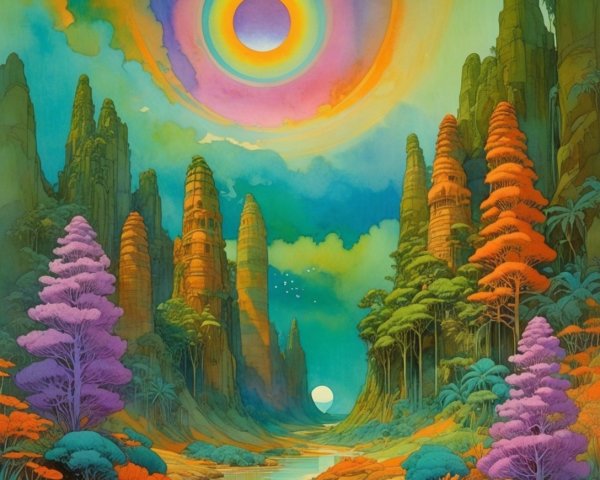 Surreal Landscape with Rocky Formations and River