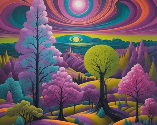 Surreal landscape with vibrant colors and a castle