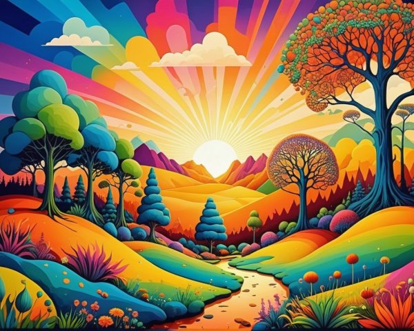 Vibrant Surreal Landscape with Colorful Elements
