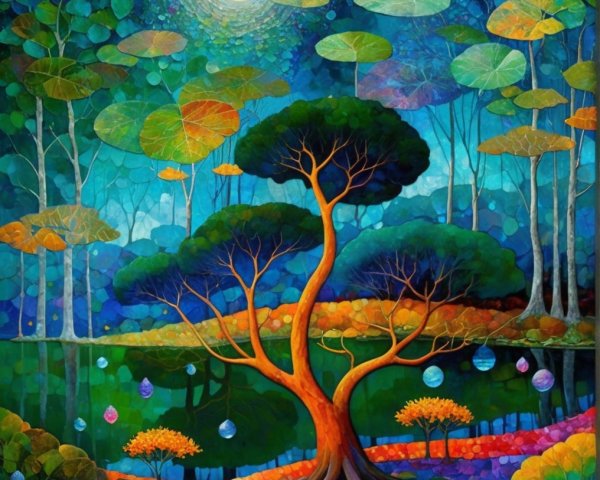 Vibrant Landscape with Whimsical Tree and Water Features