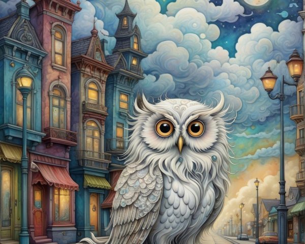 Whimsical Owl in a Colorful Victorian Street Scene