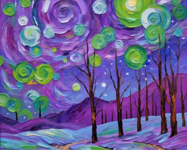 Vibrant Night Sky with Green Orbs and Purple Hills