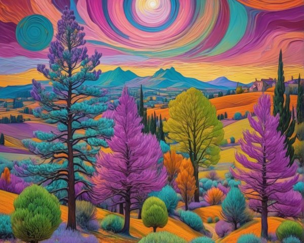 Vibrant Landscape with Colorful Skies and Trees