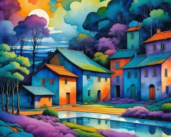 Vibrant Dreamlike Landscape with Colorful Houses