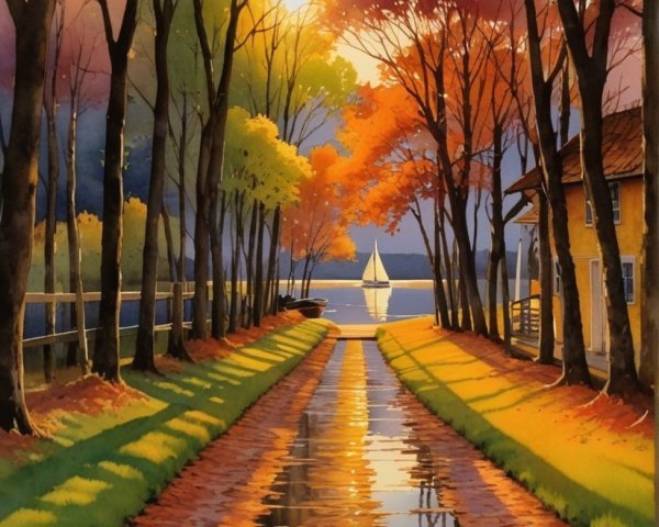 Autumn Pathway by a Serene Lake at Sunset