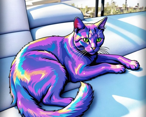 Vividly Colored Cat on Light Sofa with Sunny Background