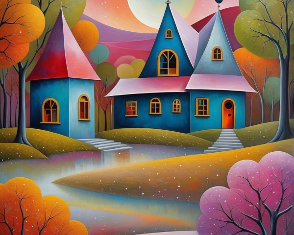 Whimsical Landscape with Colorful Houses and Moon