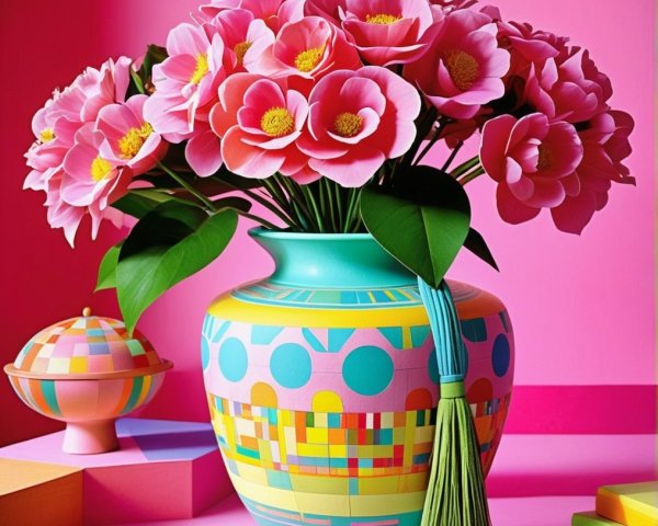 Vibrant Vase with Pink Flowers and Geometric Shapes