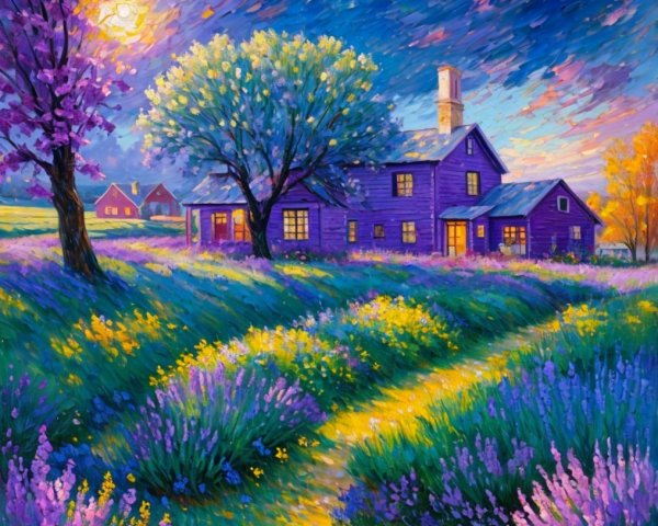 Charming Purple House in a Vibrant Landscape