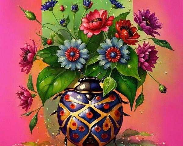 Surreal Illustration of Colorful Beetle and Flowers