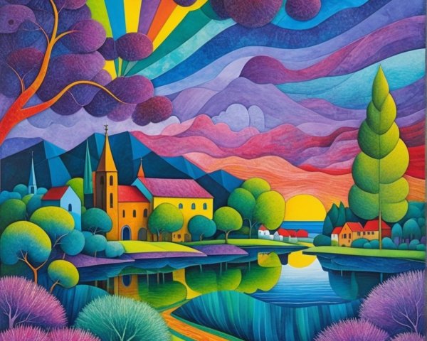 Vibrant Sunset Landscape Over Serene Village by Lake