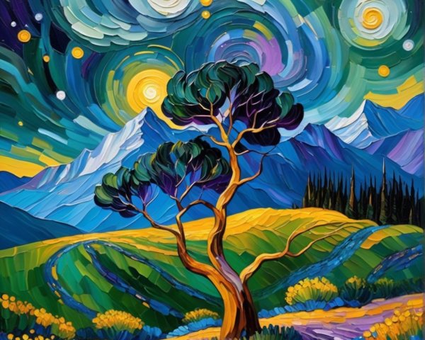 Vibrant Landscape Painting with Night Sky and Mountains