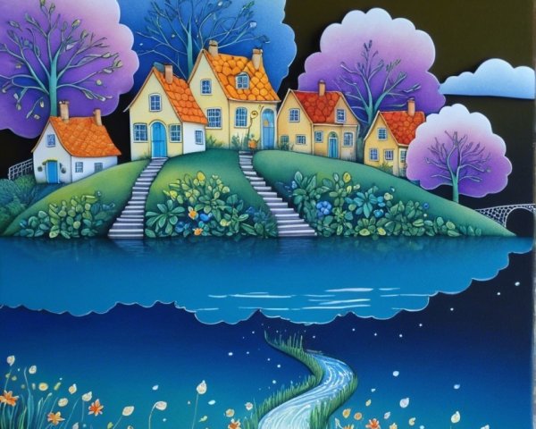 Whimsical Landscape with Colorful Houses and Waterway