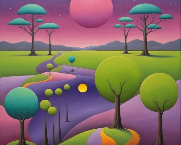 Surreal Landscape with Pink Moon and Colorful Hills