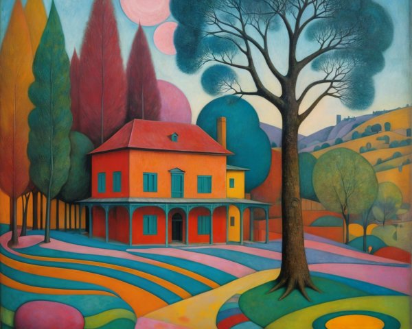 Vibrant Landscape with Colorful House and Abstract Trees