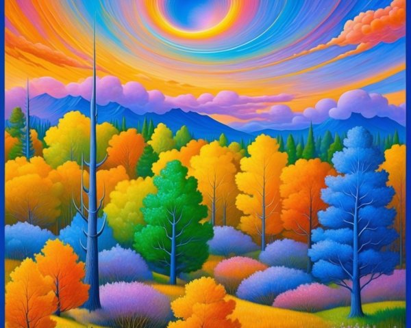 Surreal Autumn Landscape with Colorful Trees and Sky