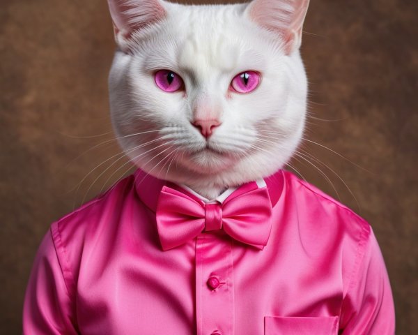 White Cat in Pink Shirt and Bow Tie Against Brown Wall