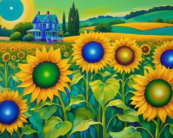 Vibrant Countryside with Blue House and Sunflowers