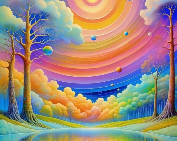 Surreal Landscape with Colorful Trees and Planets