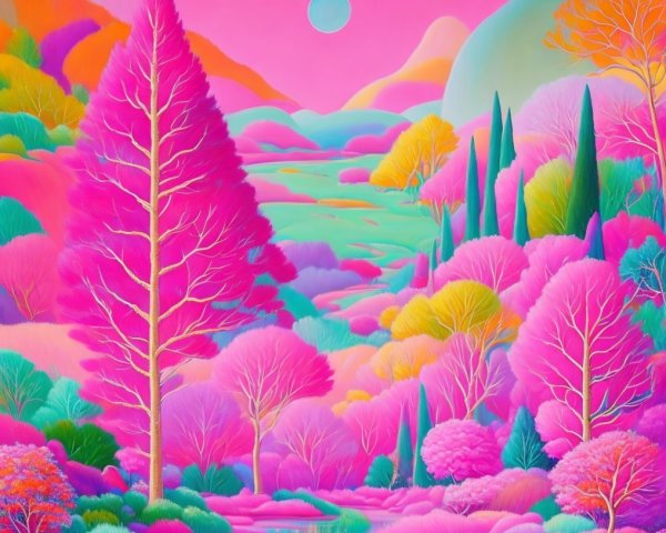 Vibrant Landscape with Pink Trees and Rolling Hills