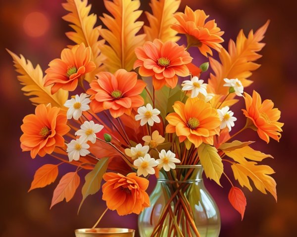 Vibrant Floral Arrangement in Glass Vase with Leaves
