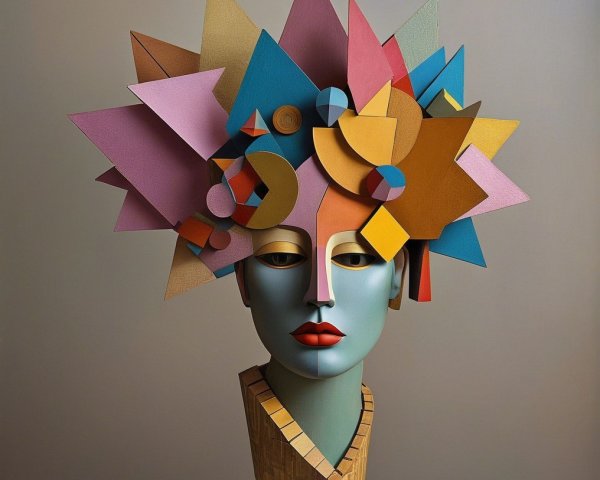 Stylized sculpture of a head with colorful geometric shapes