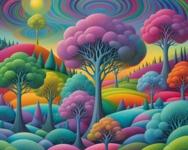 Surreal Landscape with Whimsical Trees and Vivid Colors