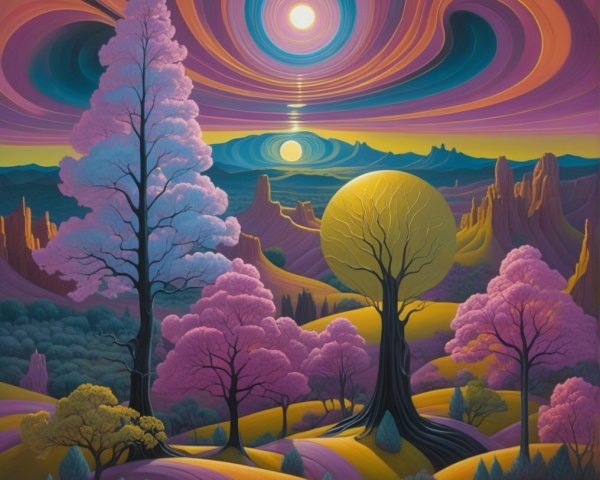 Surreal Landscape with Colorful Hills and Sunlight