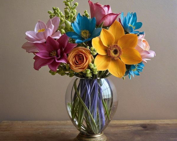 Vibrant Flower Bouquet in Clear Glass Vase on Wood