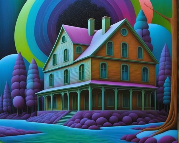 Surreal Artwork of a Colorful House in Cosmic Setting