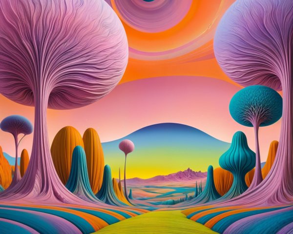 Surreal Landscape with Oversized Colorful Trees