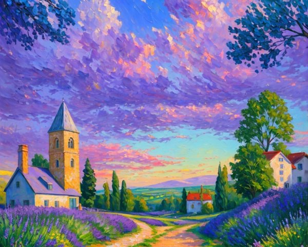 Vibrant Village Landscape with Colorful Sky and Lavender Fields