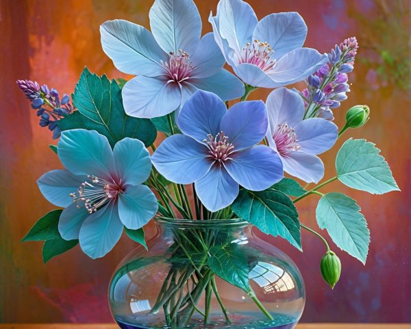 Soft Blue Flowers in Clear Glass Vase Arrangement