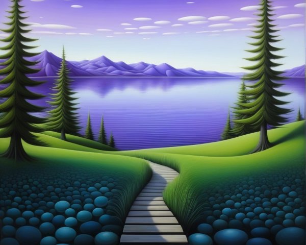 Serene landscape with hills, pathway, and mountains