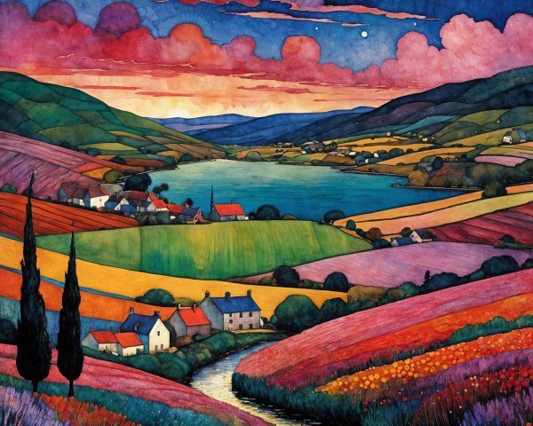 Vivid Landscape with Rolling Hills and Tranquil Lake