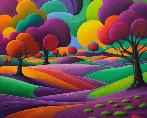 Vibrant Landscape with Colorful Hills and Trees