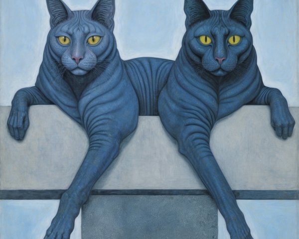Stylized Blue Cats with Gold Eyes on Minimal Ledge