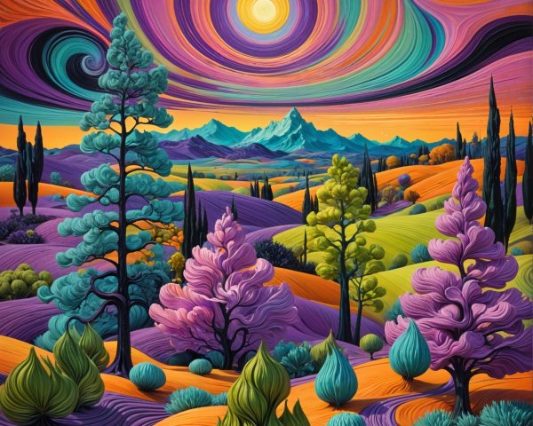 Vibrant Landscape with Surreal Colors and Nature Elements