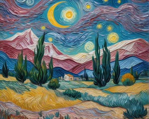 Vibrant landscape with swirling skies and cypress trees