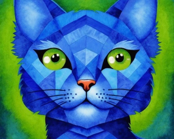 Stylized blue cat with geometric shapes and green eyes